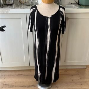 Pink Tartan Black &Cream stripe 100% silk stretch short sleeve sheath dress